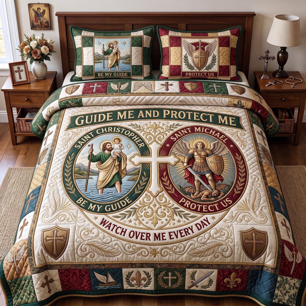 Guide and Protect Christian 3 Piece Quilted Bedding Set Gift For Christians