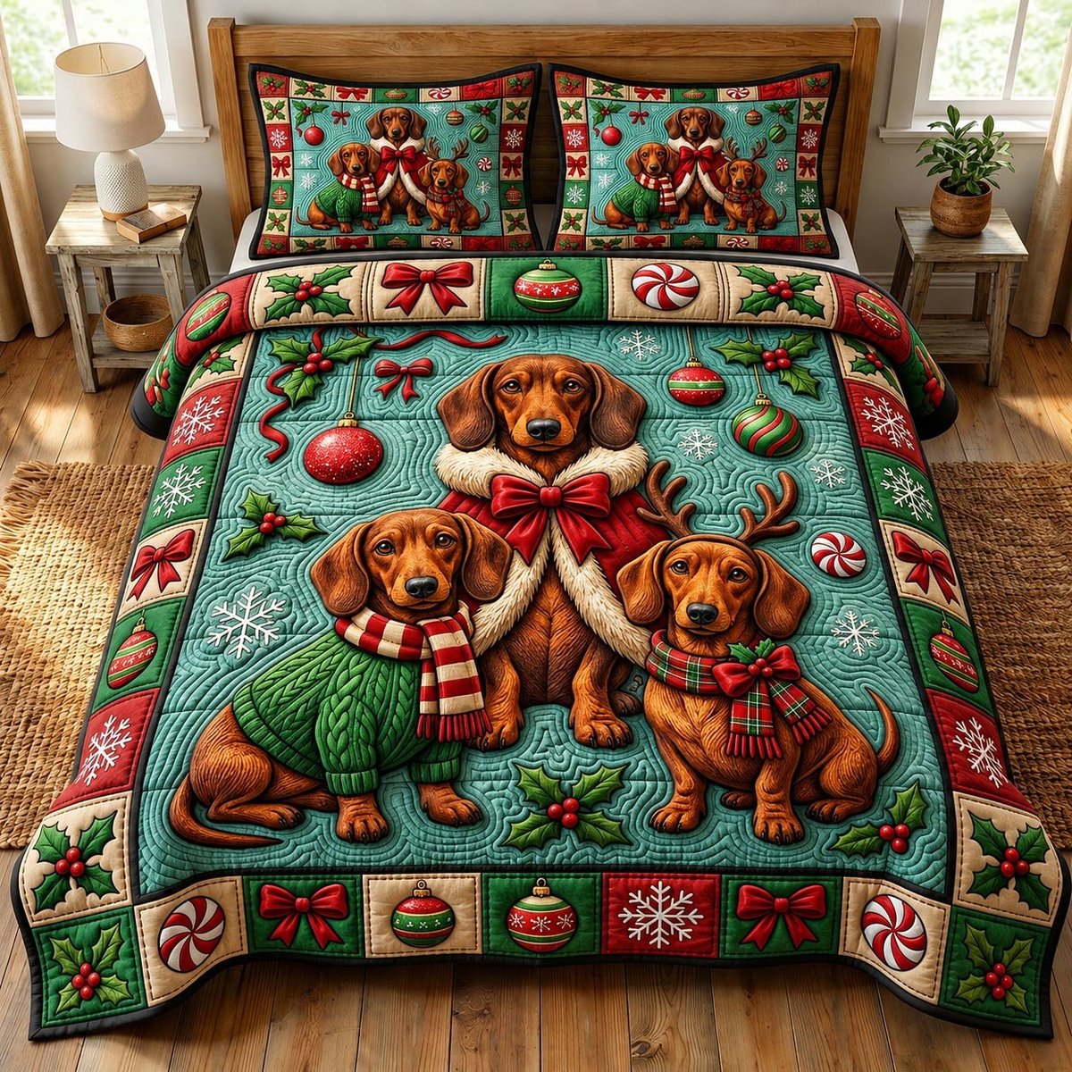 Dachshund Dog 3 Piece Quilted Bedding Set Christmas Gift For Dog Lovers