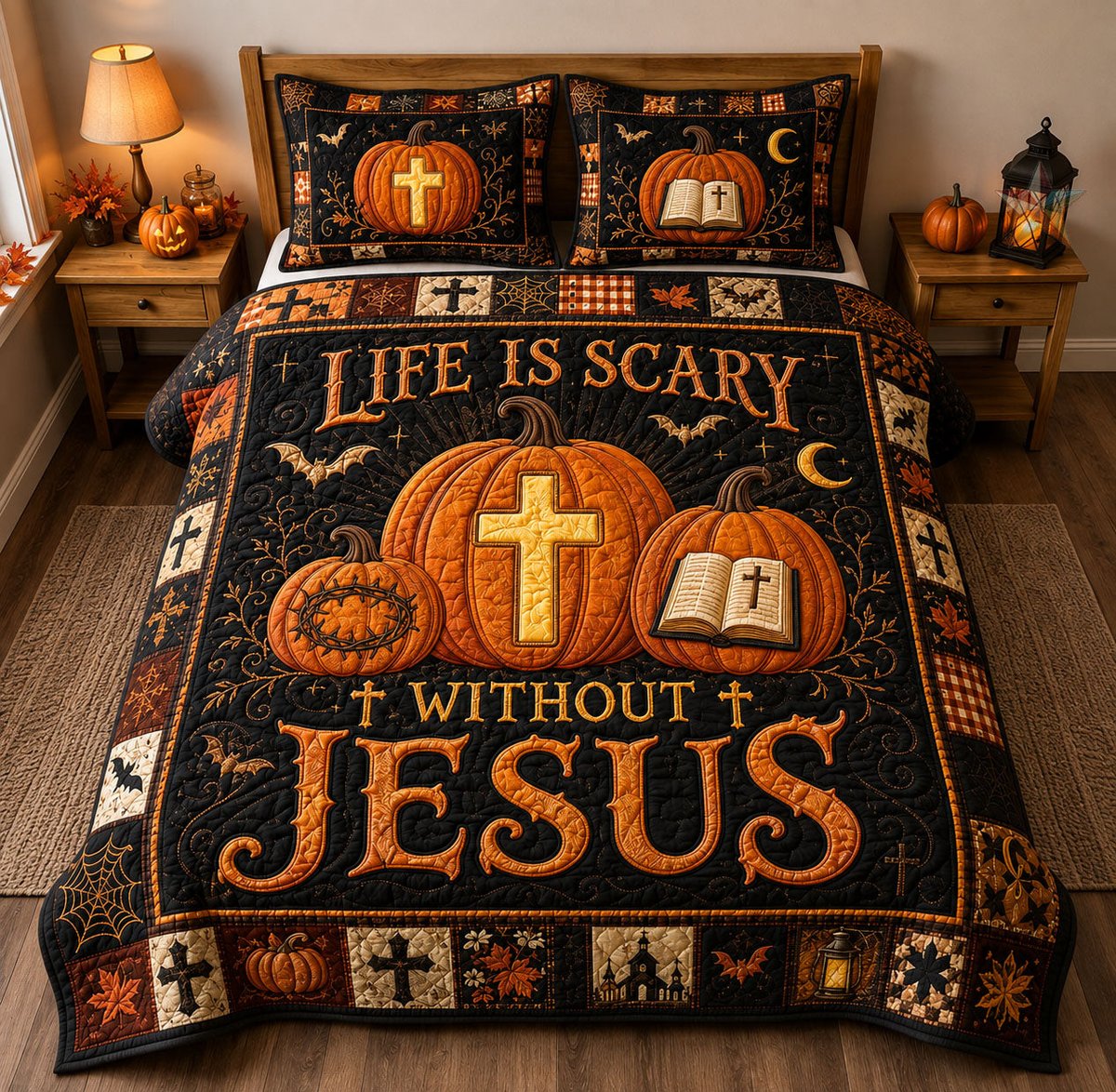 Life Is Scary Without Jesus 3 Piece Quilted Bedding Set Halloween Gift For Christians