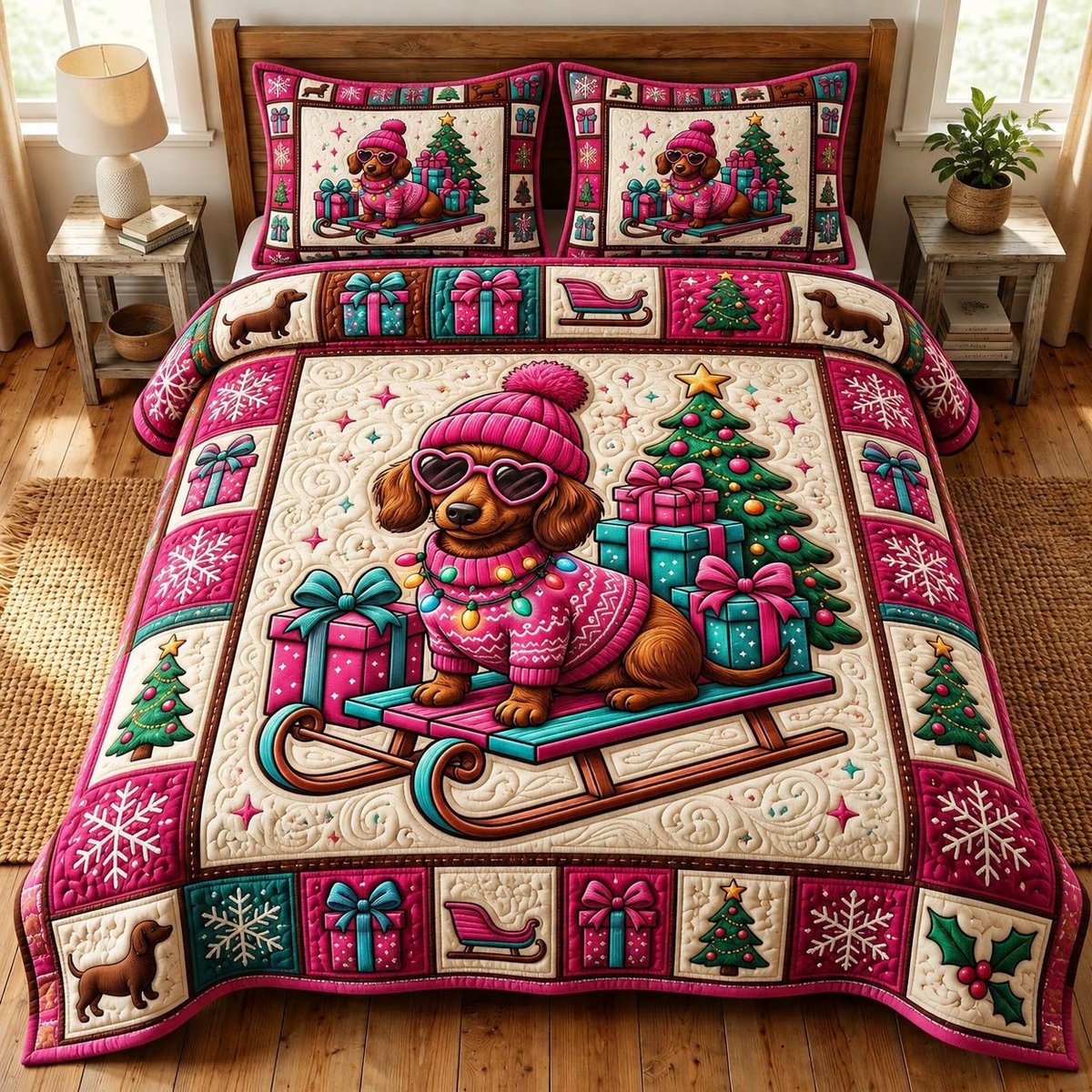 Dachshund Dog 3 Piece Quilted Bedding Set Christmas Gift For Dog Lovers