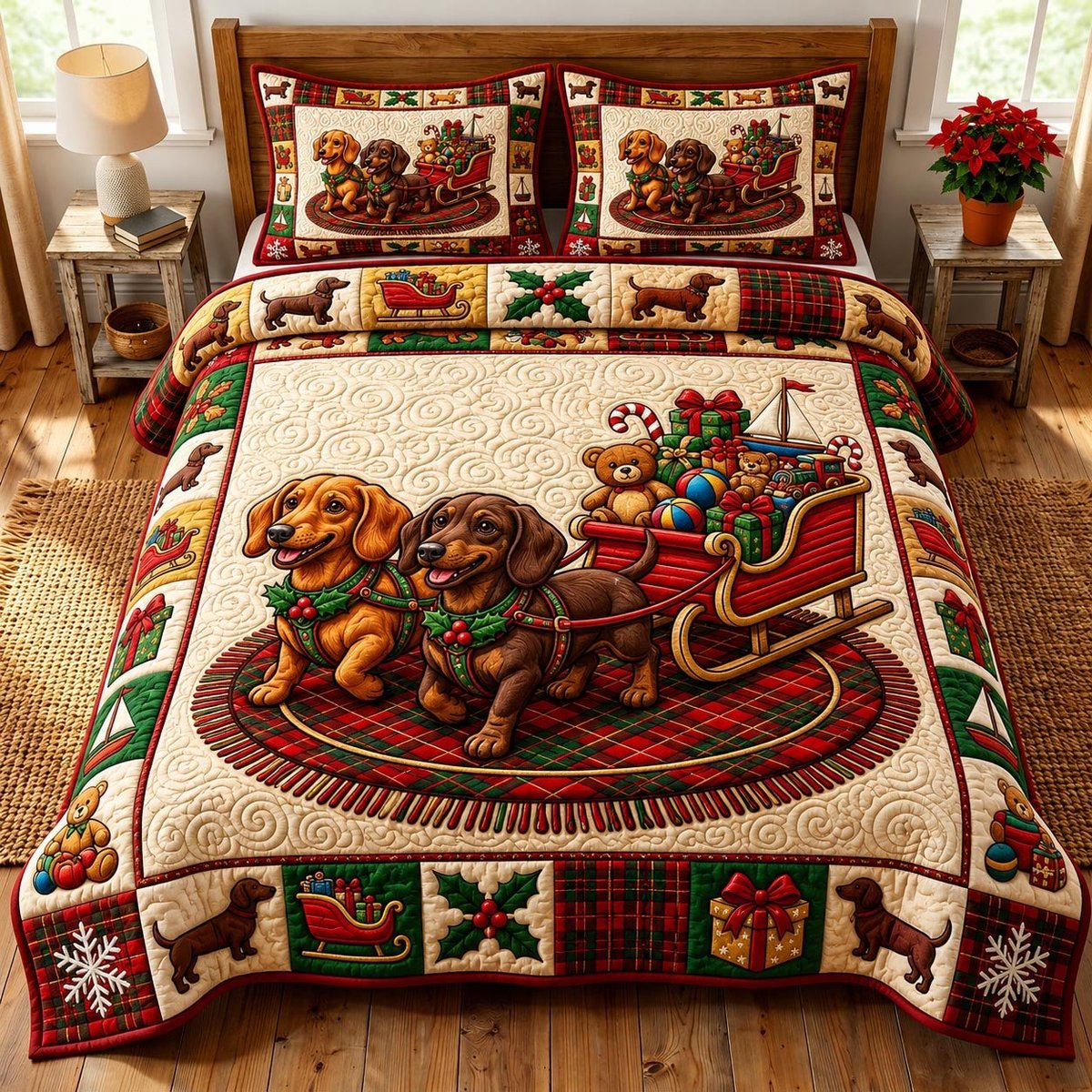 Dachshund Dog 3 Piece Quilted Bedding Set Christmas Gift For Dog Lovers
