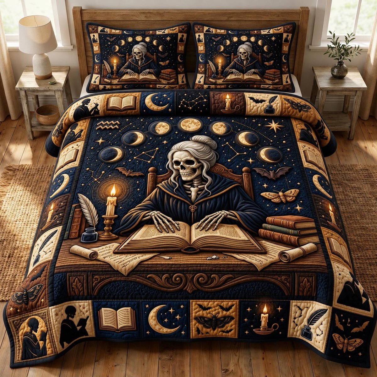 Dark Academia 3 Piece Quilted Bedding Set Gift For Book Lovers
