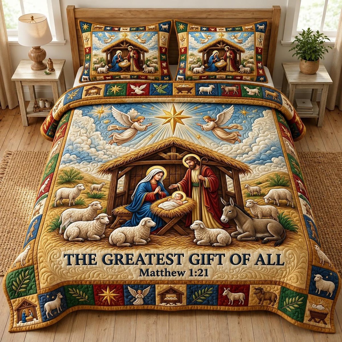 Nativity Scene Christian 3 Piece Quilted Bedding Set Gift For Christians