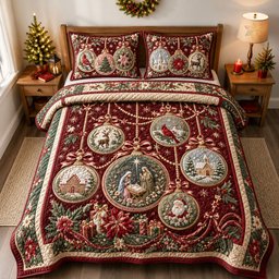 Ornament Story Collection 3 Piece Quilted Bedding Set Christmas Gift For Holiday Decor Lovers