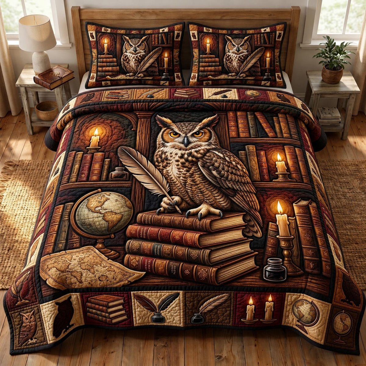 Dark Academia 3 Piece Quilted Bedding Set Gift For Book Lovers