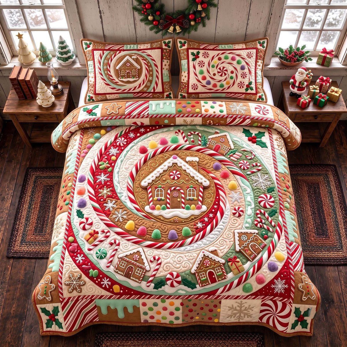 Gingerbread Joy 3 Piece Quilted Bedding Set Christmas Gift For Holiday Decor Lovers