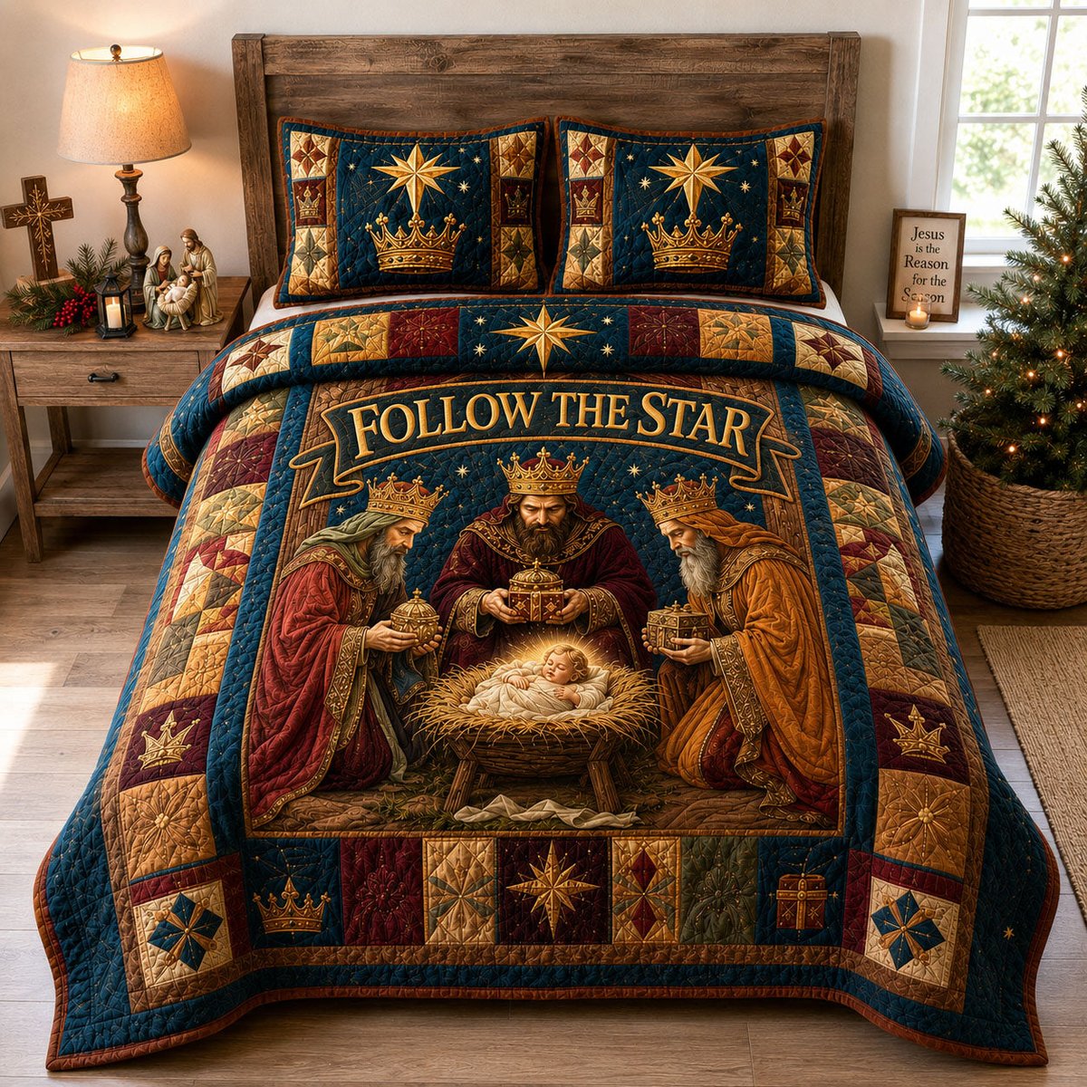 Follow the Star Nativity 3 Piece Quilted Bedding Set Gift For Christians