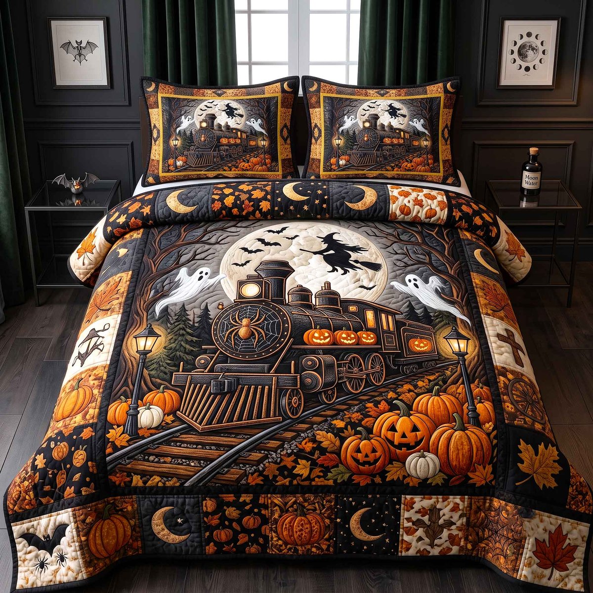 Haunted Express 3 Piece Quilted Bedding Set Halloween Gift For Gothic Decor Lovers