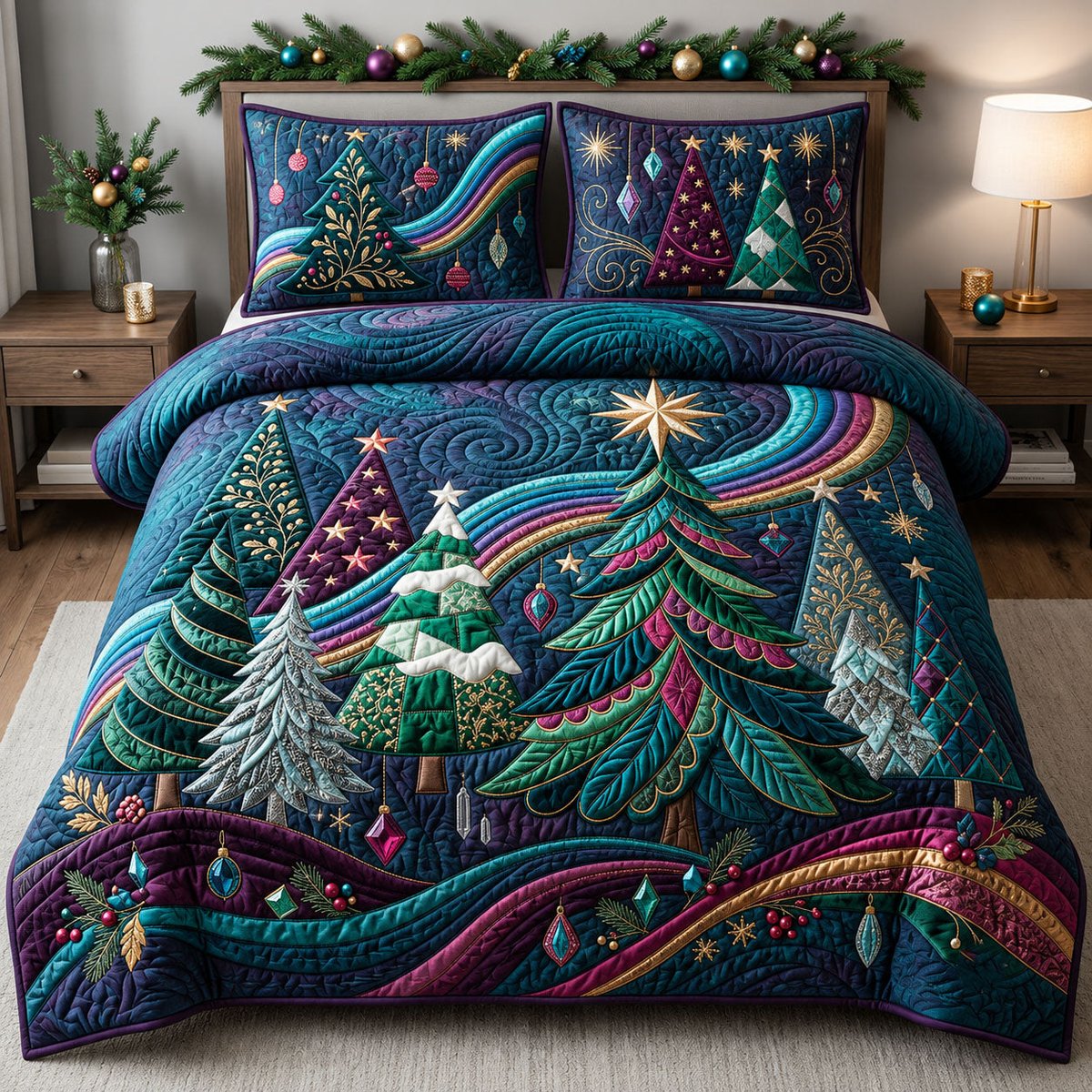 Festive Forest 3 Piece Quilted Bedding Set Gift For Nature Lovers