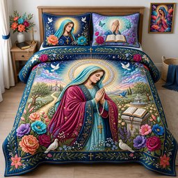 Virgin Mary 3 Piece Quilted Bedding Set Gift For Christians