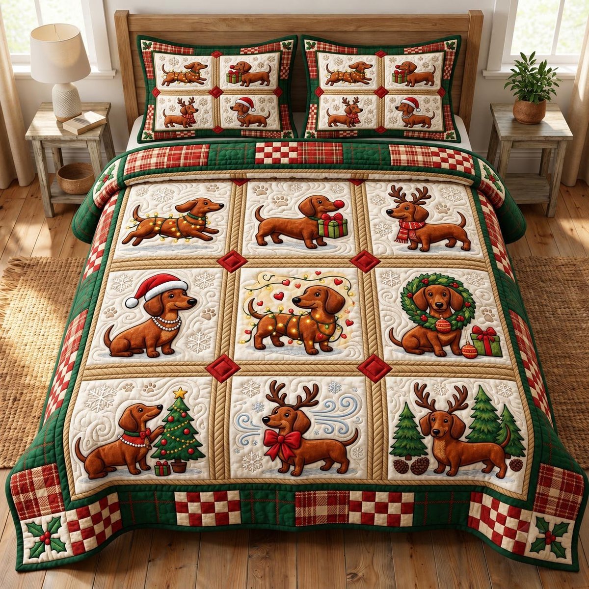Dachshund Dog 3 Piece Quilted Bedding Set Christmas Gift For Dog Lovers