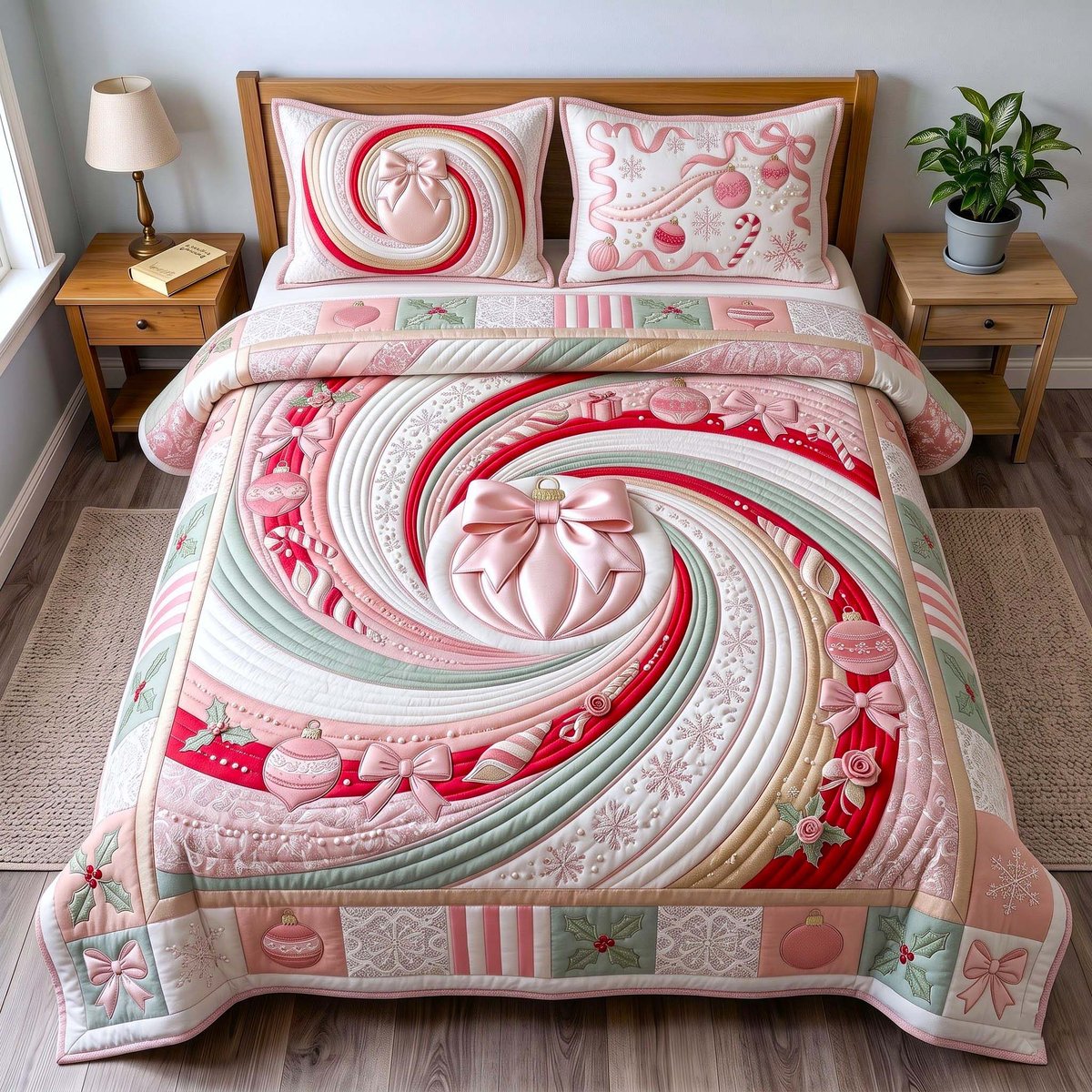 Candy Swirl 3 Piece Quilted Bedding Set Gift For Holiday Decor Lovers