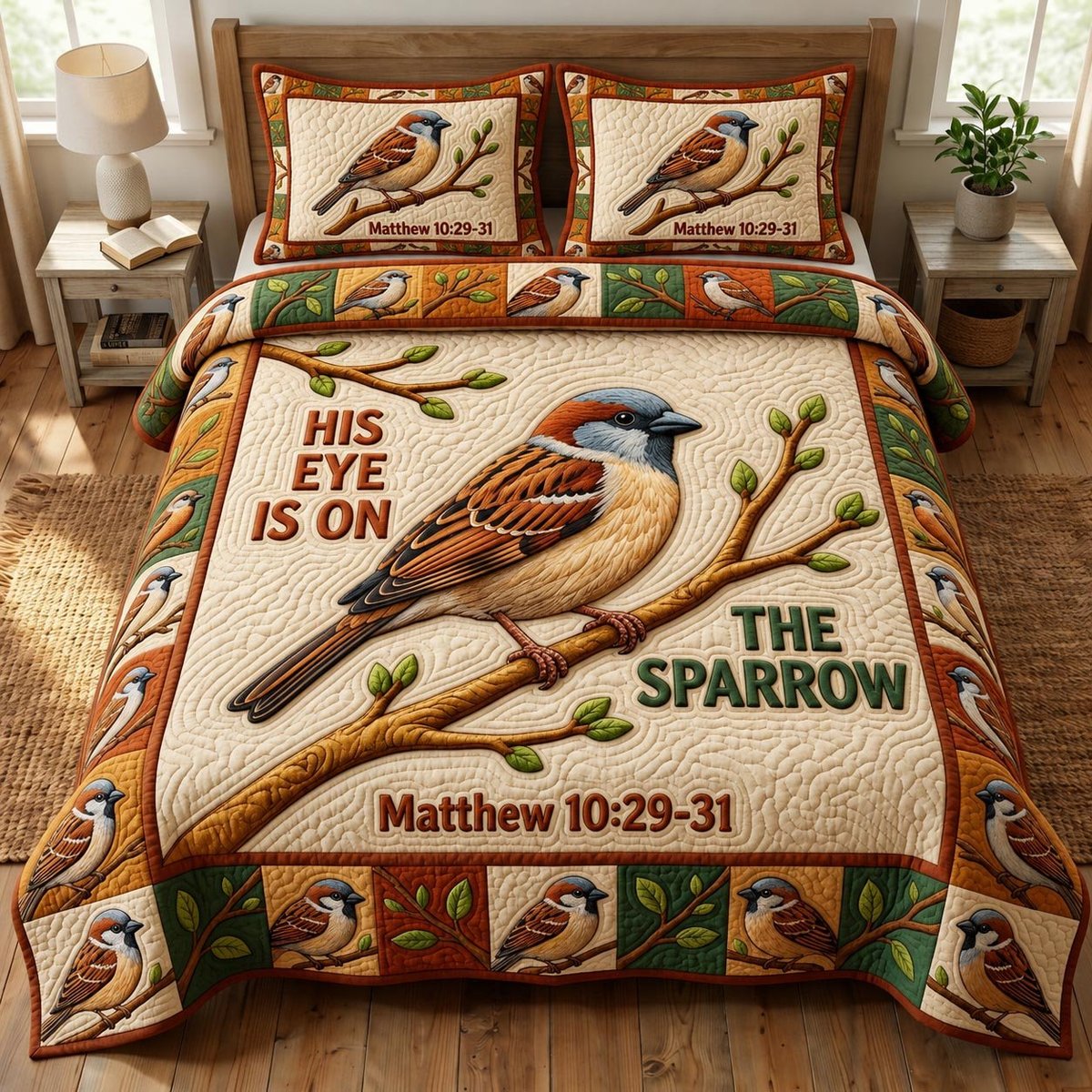 Christian Bird 3 Piece Quilted Bedding Set Gift For Bird Lovers