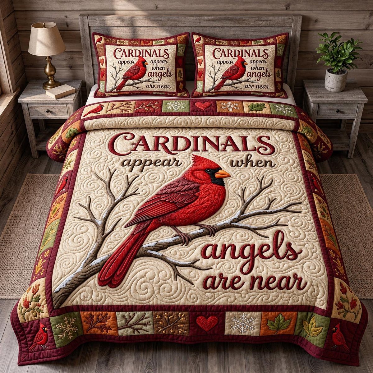 Red Cardinal 3 Piece Quilted Bedding Set Gift For Bird Lovers