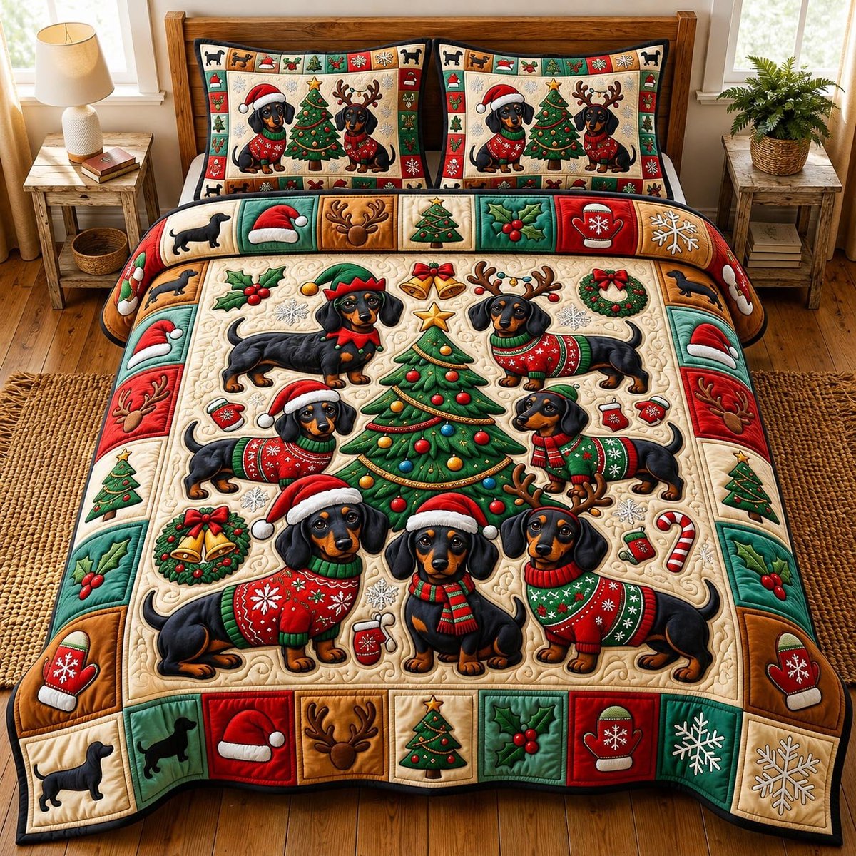 Dachshund Dog 3 Piece Quilted Bedding Set Christmas Gift For Dog Lovers