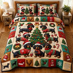 Dachshund Dog 3 Piece Quilted Bedding Set Christmas Gift For Dog Lovers