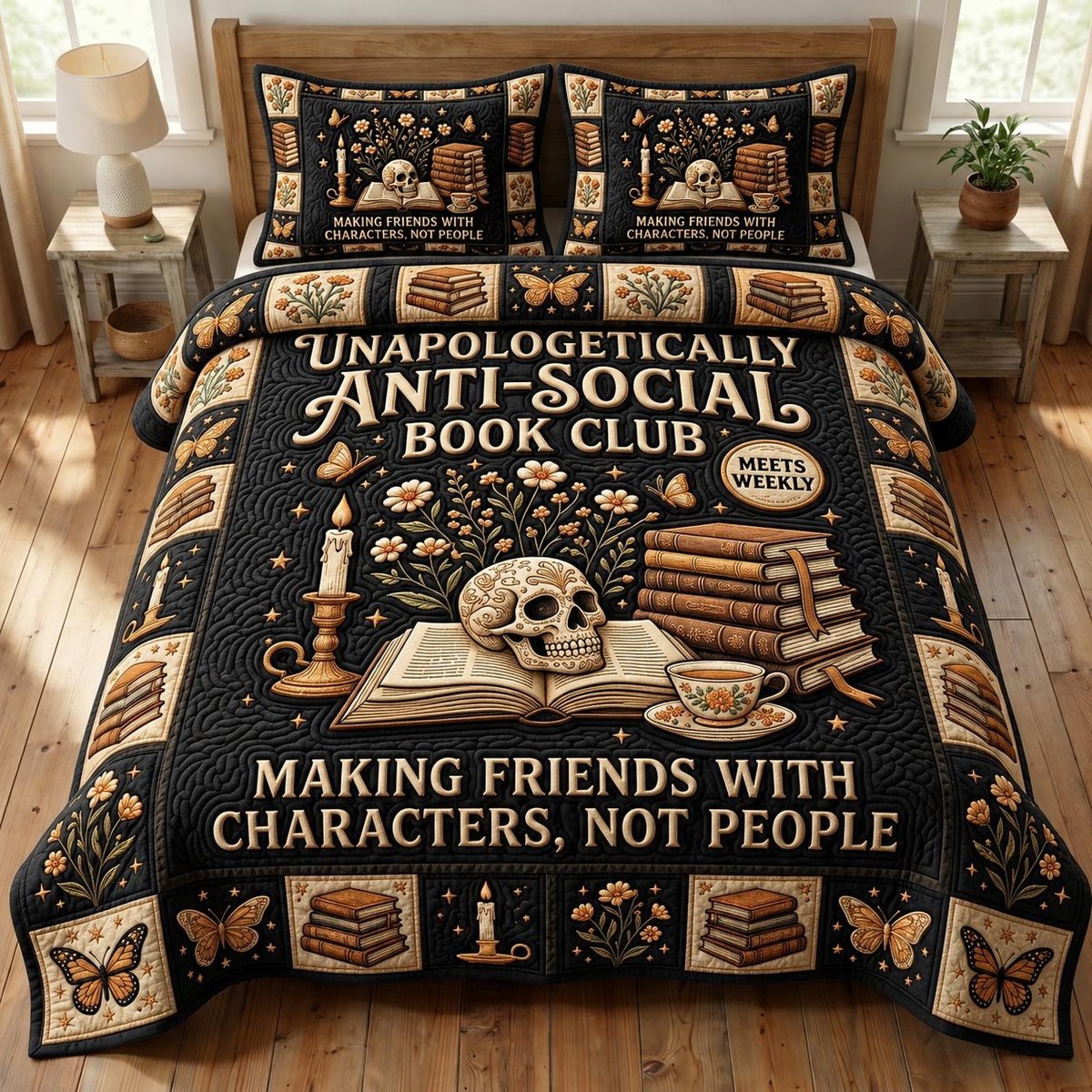 Dark Academia 3 Piece Quilted Bedding Set Gift For Book Lovers