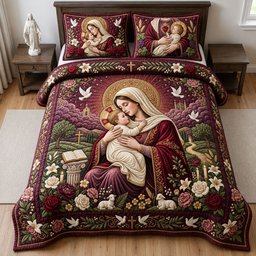 Virgin Mary and Child 3 Piece Quilted Bedding Set Gift For Christians