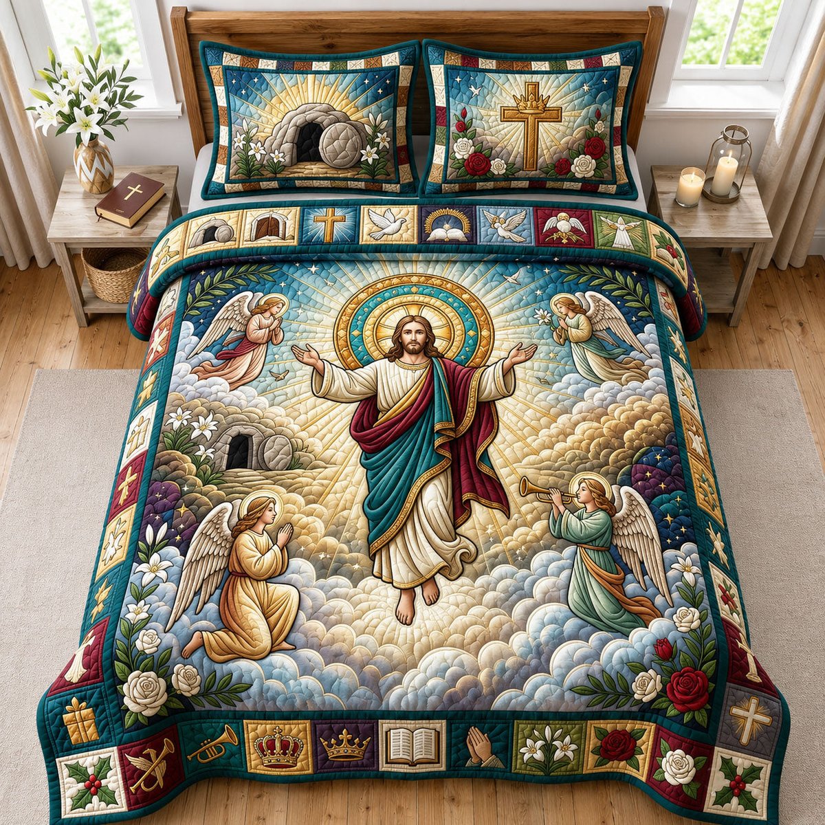 Jesus with Angels 3 Piece Quilted Bedding Set Gift For Christians
