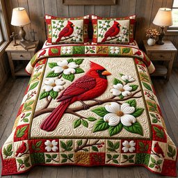 Red Cardinal 3 Piece Quilted Bedding Set Gift For Bird Lovers