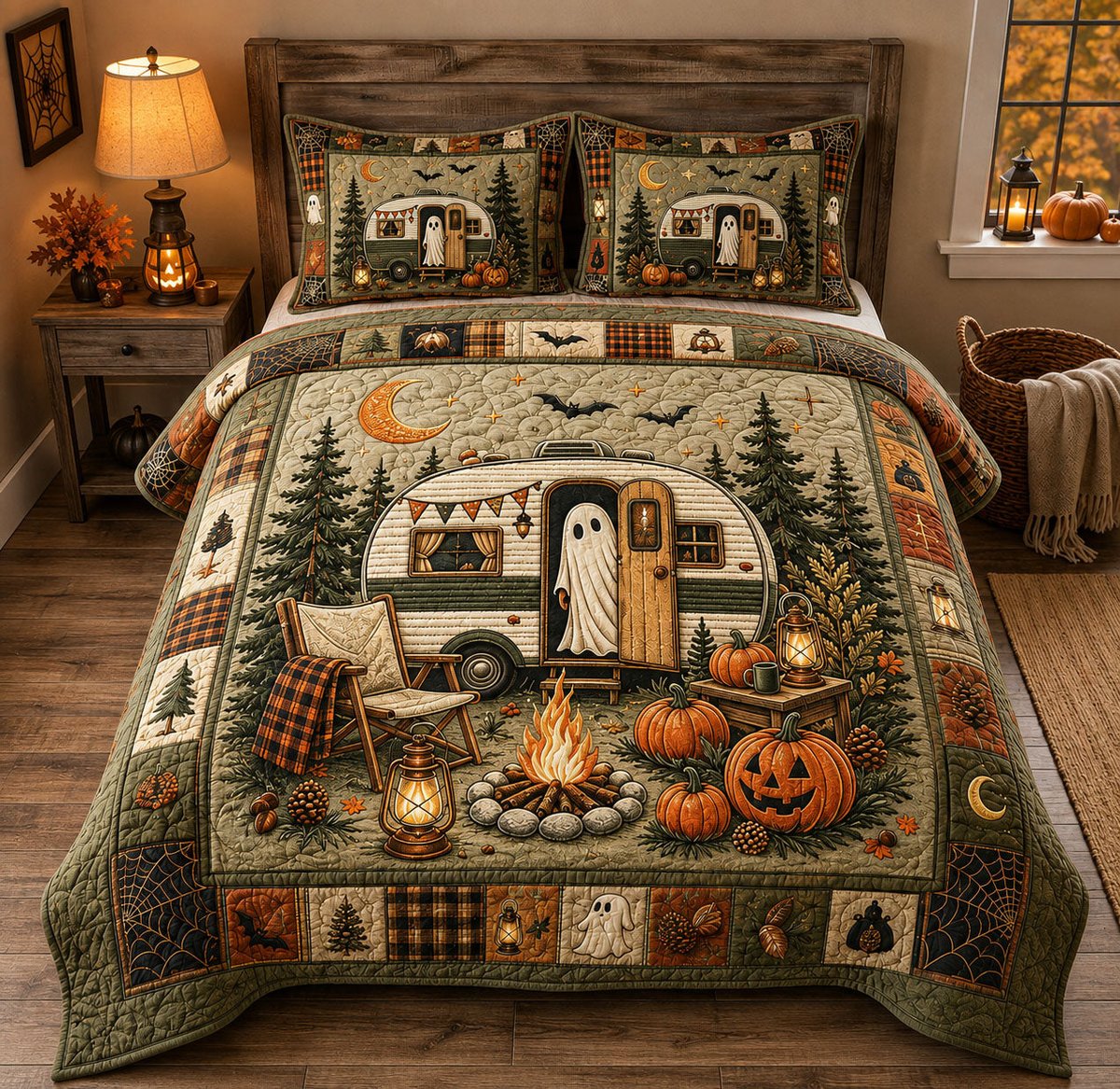 Haunted Camper 3 Piece Quilted Bedding Set Halloween Gift For Campers