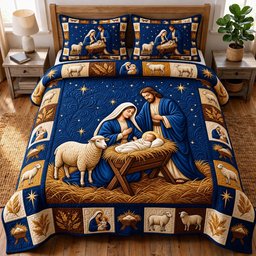 Nativity Scene Christian 3 Piece Quilted Bedding Set Gift For Christians