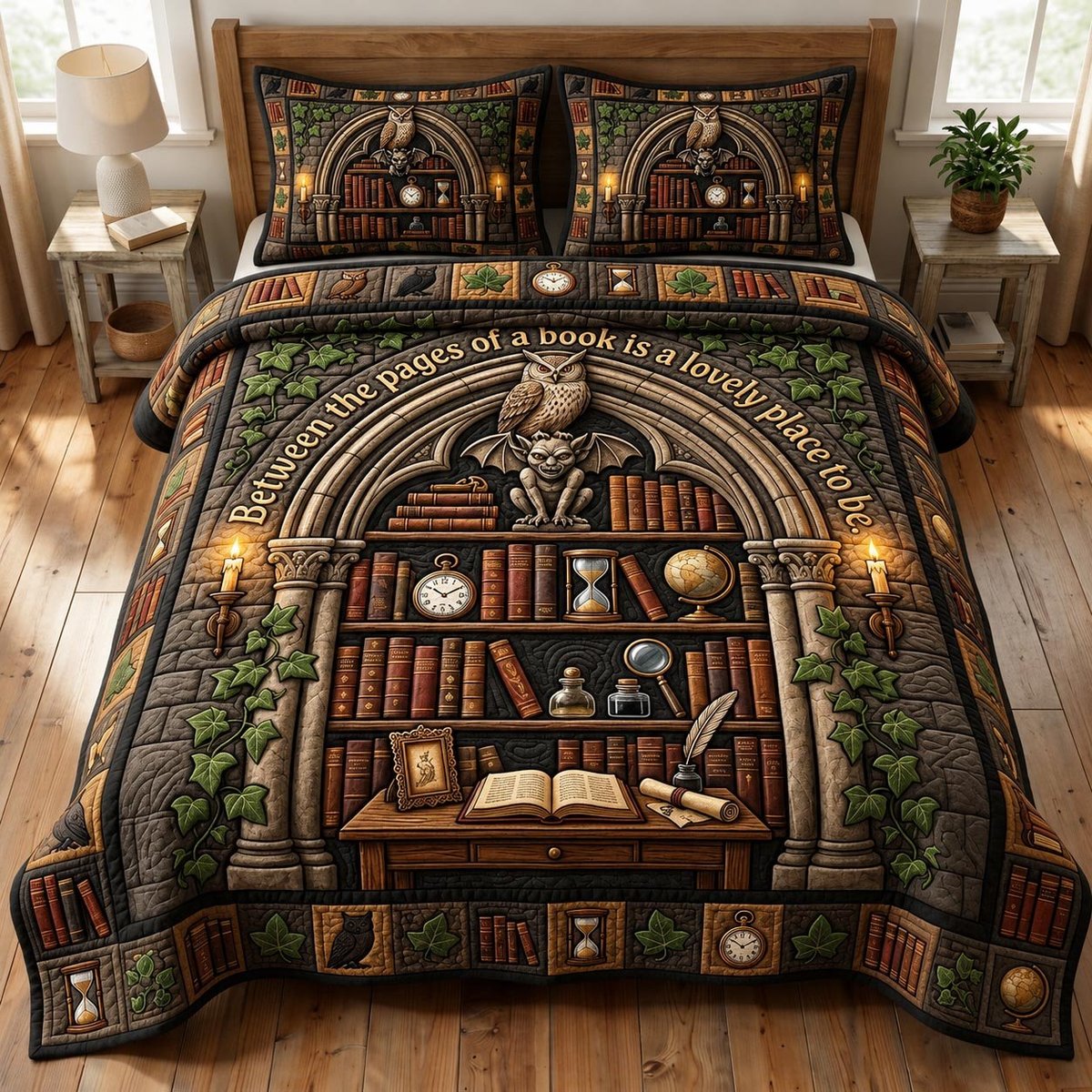 Dark Academia 3 Piece Quilted Bedding Set Gift For Book Lovers