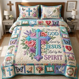 Blessed by God Hummingbird 3 Piece Quilted Bedding Set Gift For Christians
