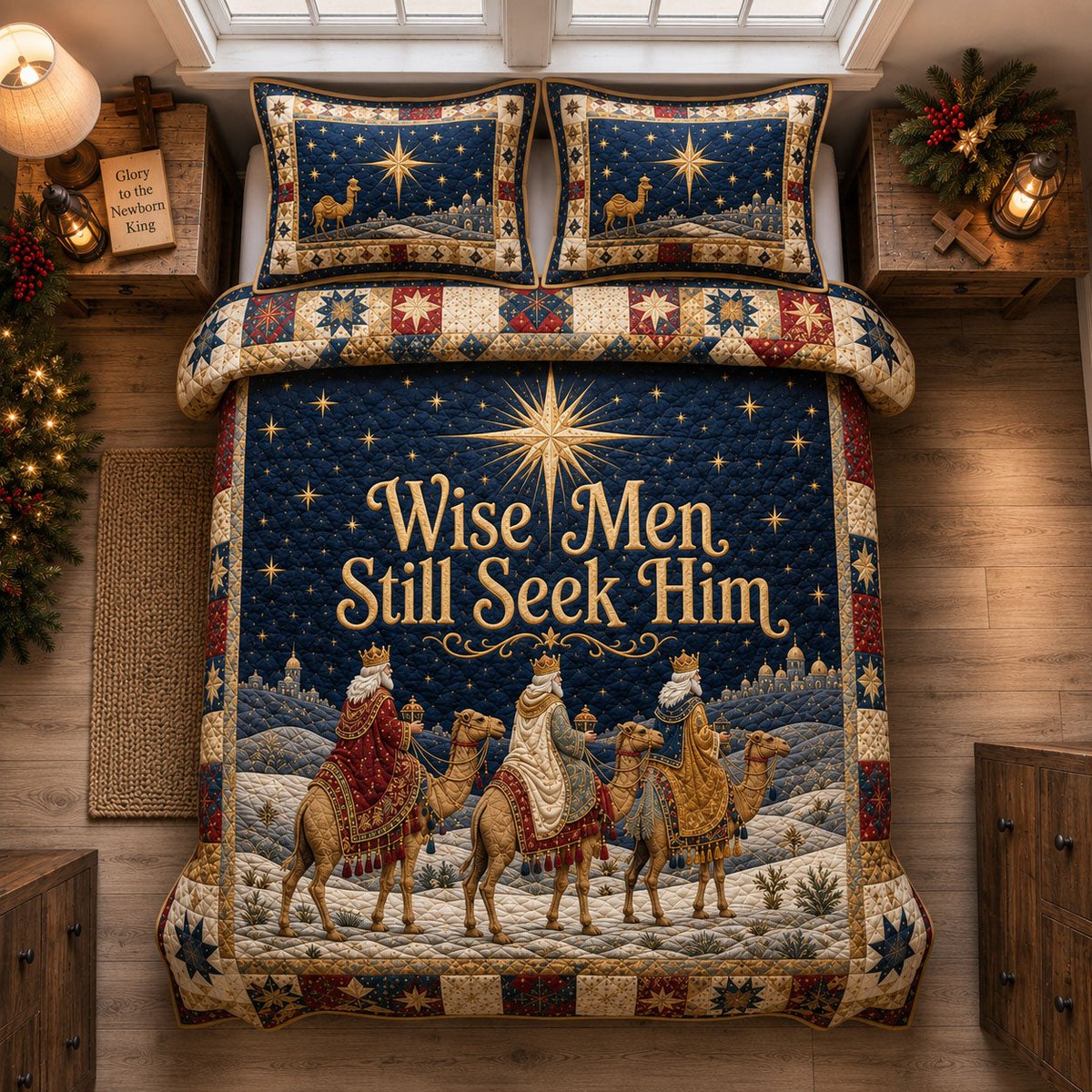 Wise Men Under the Holy Star 3 Piece Quilted Bedding Set Gift For Holiday Decor Lovers