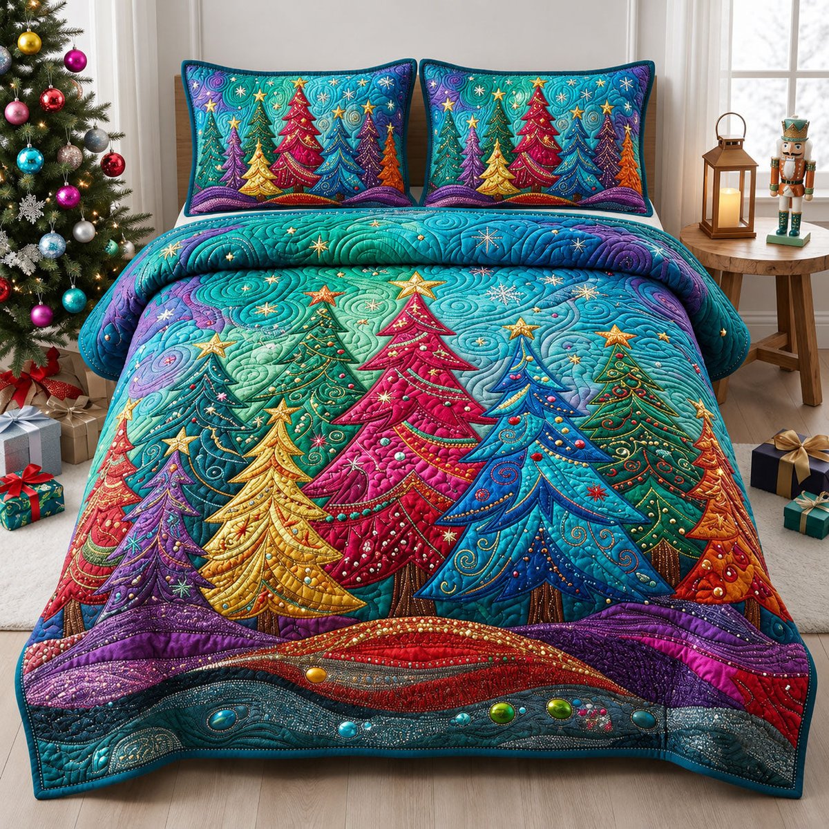 Festive Forest 3 Piece Quilted Bedding Set Gift For Nature Lovers