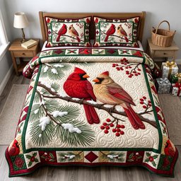 Red Cardinal 3 Piece Quilted Bedding Set Gift For Bird Lovers