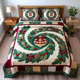 Wreath Spiral 3 Piece Quilted Bedding Set Gift For Holiday Decor Lovers