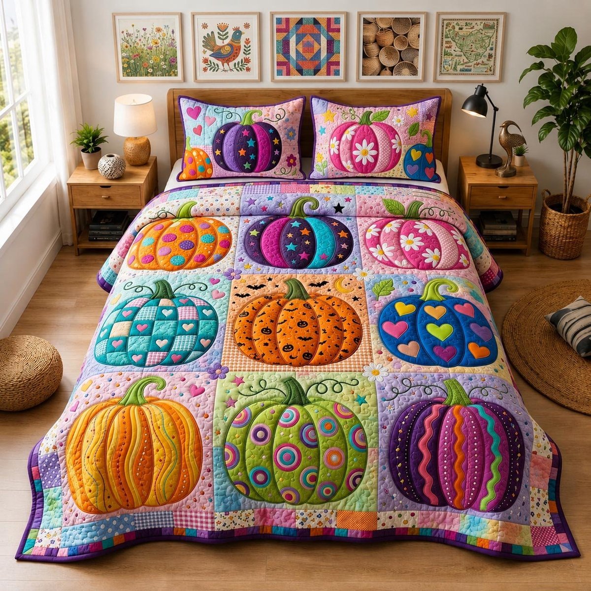 Boho Pumpkin 3 Piece Quilted Bedding Set Halloween Gift For Gothic Decor Lovers