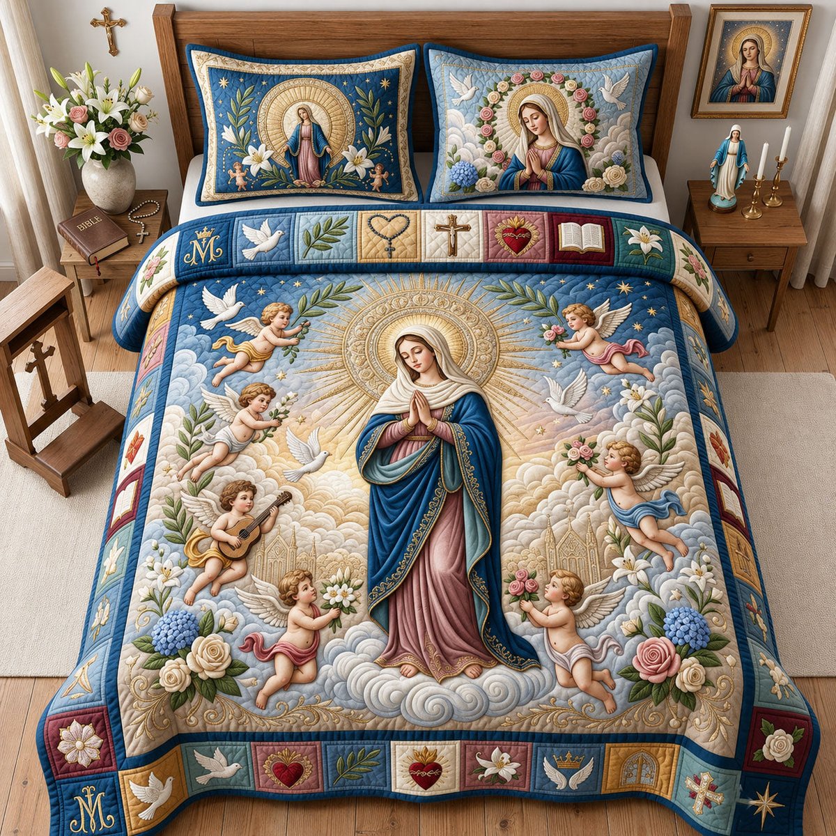 Virgin Mary with Cherubs 3 Piece Quilted Bedding Set Gift For Christians