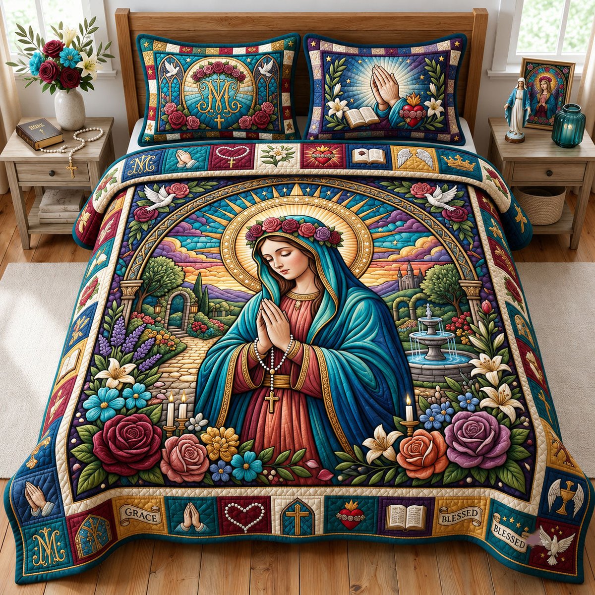 Praying Virgin Mary 3 Piece Quilted Bedding Set Gift For Christians