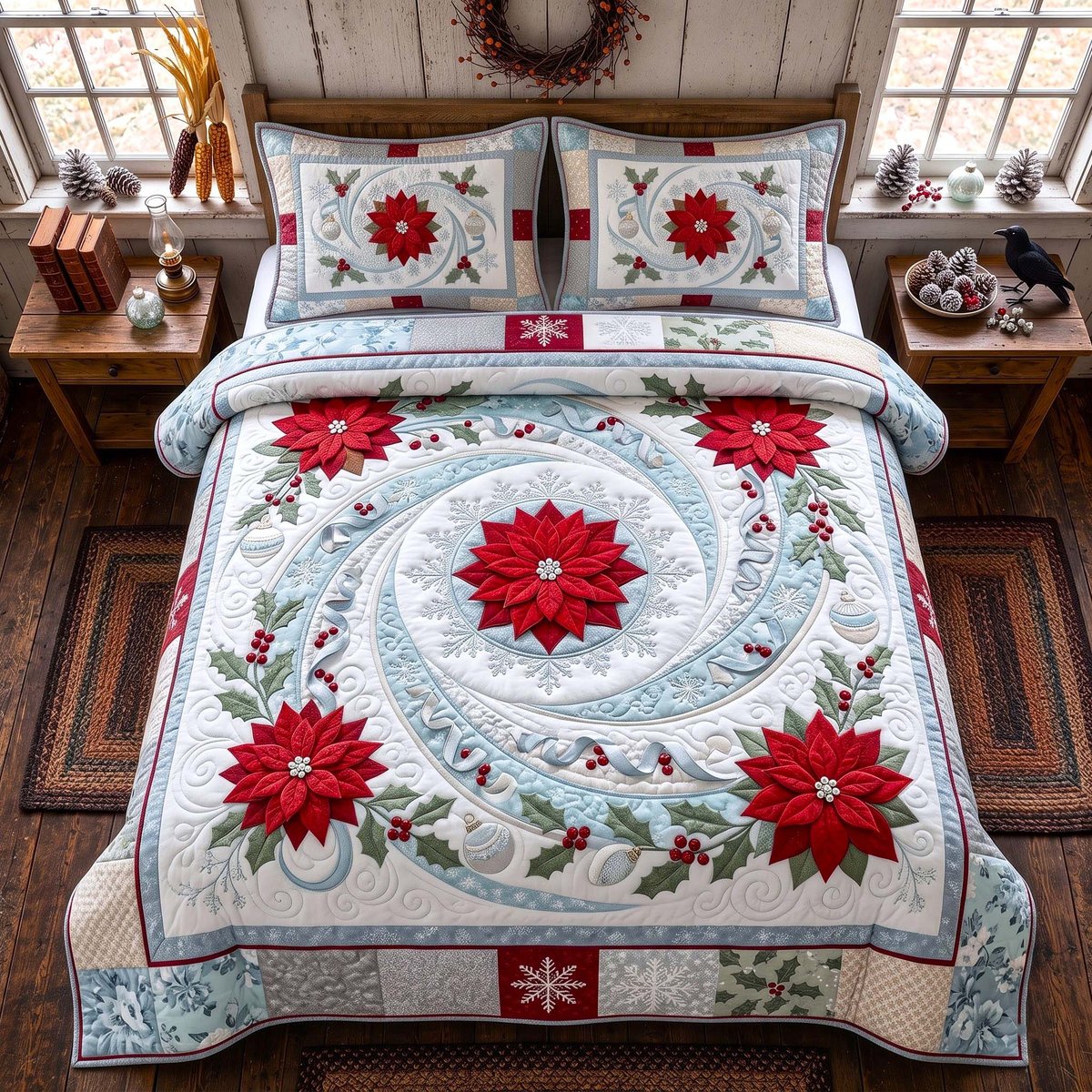 Poinsettia Snow 3 Piece Quilted Bedding Set Christmas Gift For Holiday Decor Lovers