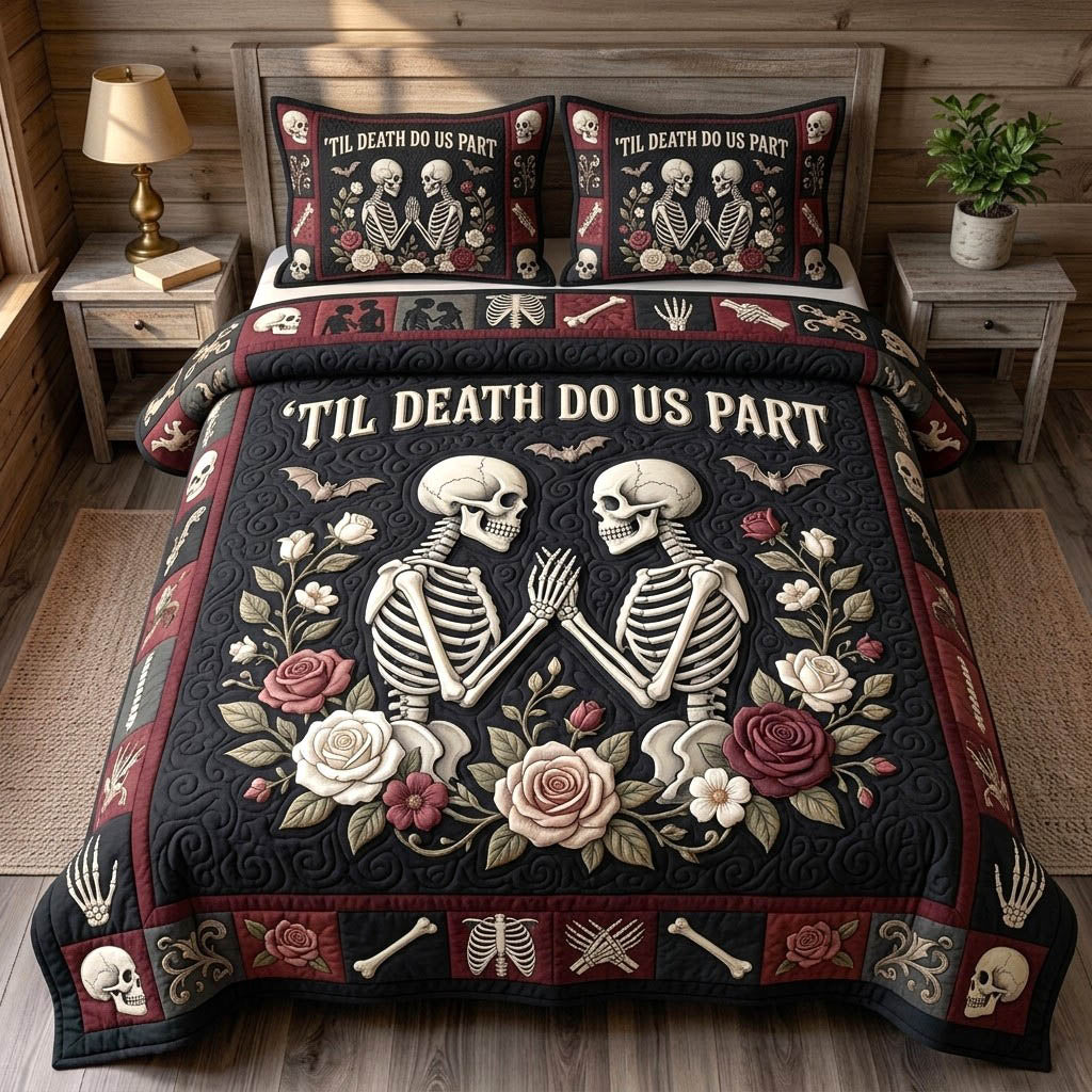 Haunted Skeleton 3 Piece Quilted Bedding Set Halloween Gift For Gothic Decor Lovers