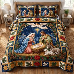 Nativity Scene Christian 3 Piece Quilted Bedding Set Gift For Christians