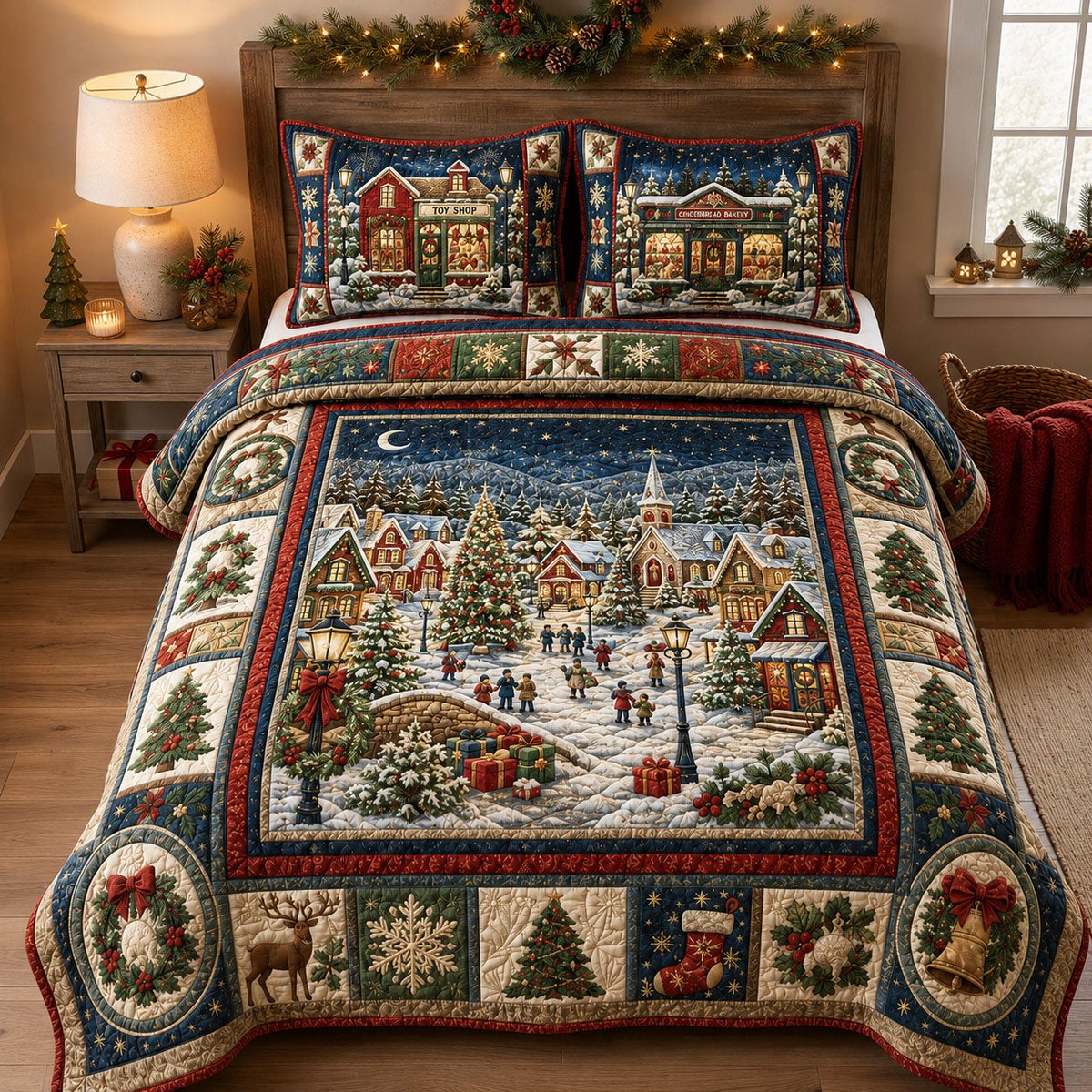 Village Winter Wonderland 3 Piece Quilted Bedding Set Christmas Gift For Holiday Decor Lovers
