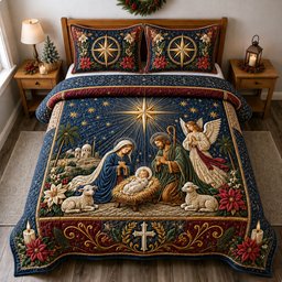 Holy Night Nativity Star 3 Piece Quilted Bedding Set Gift For Christians