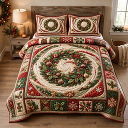 Evergreen Wreath 3 Piece Quilted Bedding Set Christmas Gift For Holiday Decor Lovers