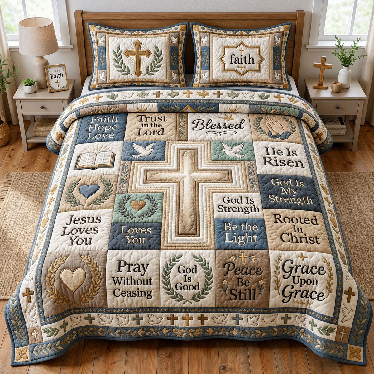 Christian Cross 3 Piece Quilted Bedding Set Gift For Christians