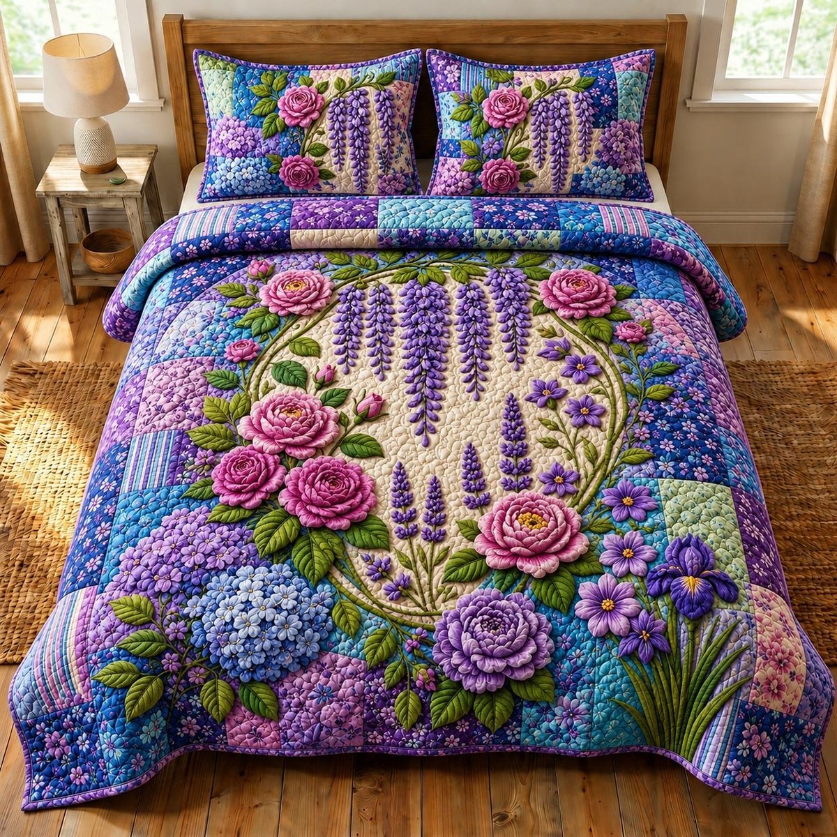 Flower Garden 3 Piece Quilted Bedding Set Gift For Flower Lovers