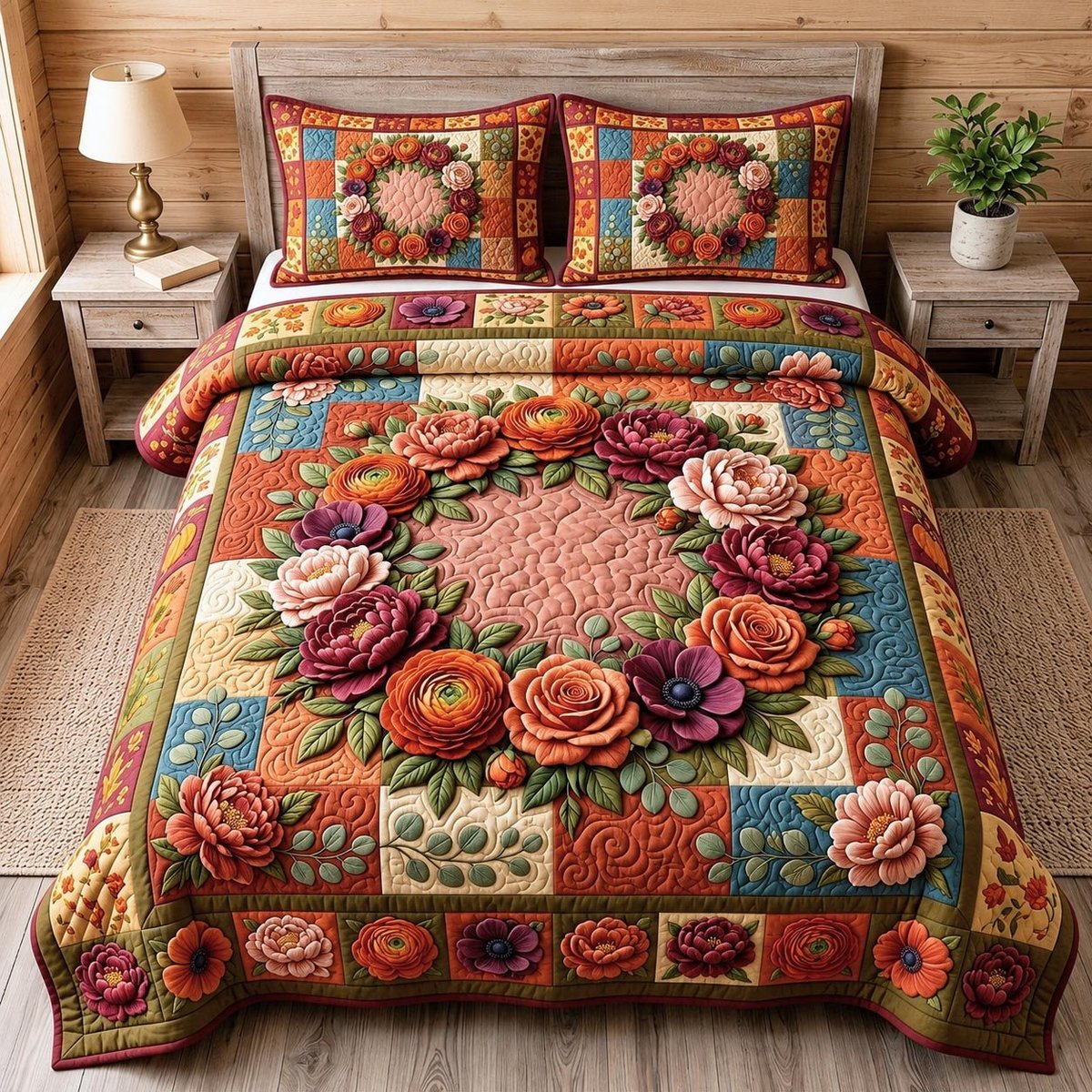Flower Garden 3 Piece Quilted Bedding Set Gift For Flower Lovers