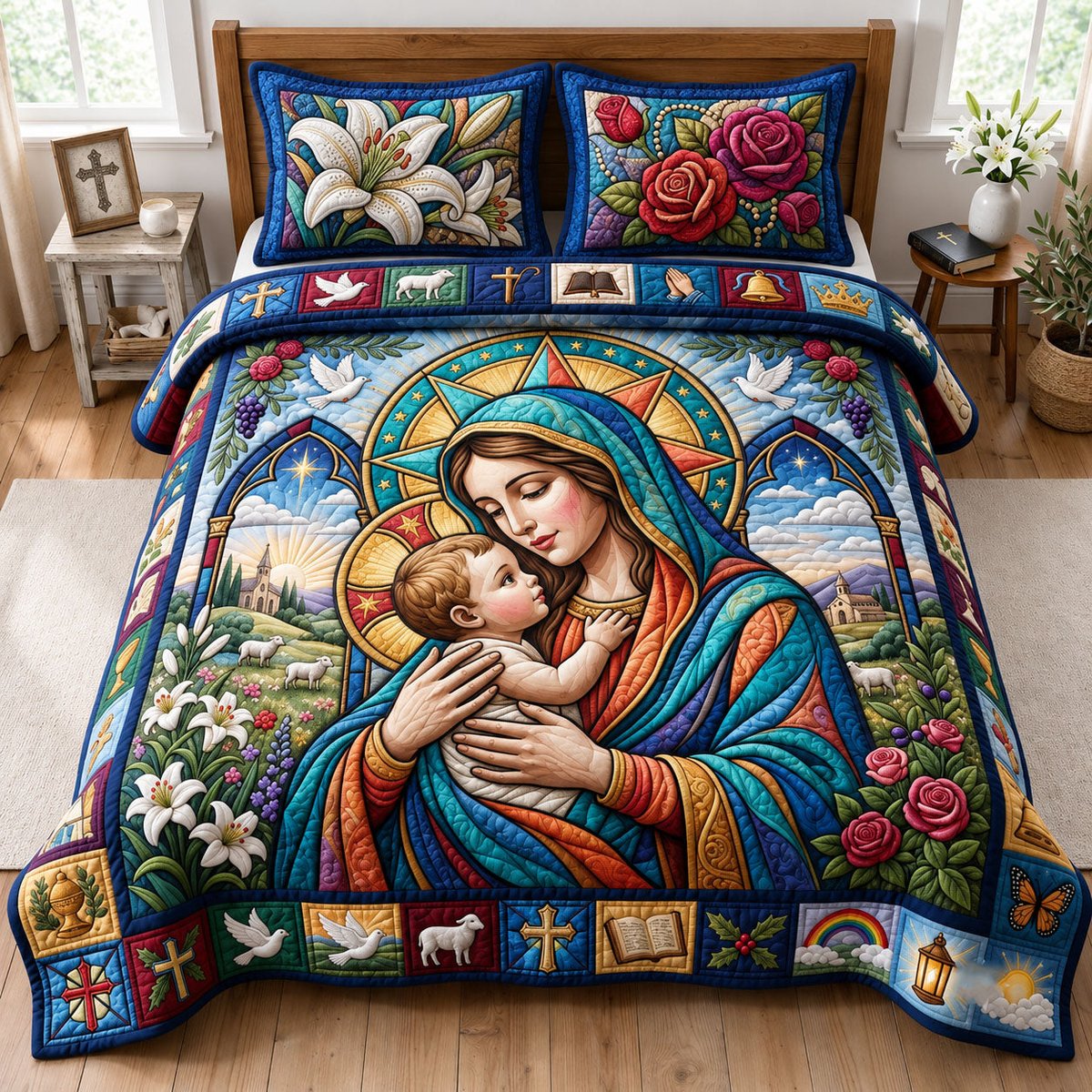 Sacred Madonna and Child 3 Piece Quilted Bedding Set Gift For Christians