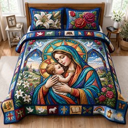 Sacred Madonna and Child 3 Piece Quilted Bedding Set Gift For Christians