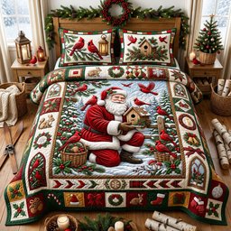 Santa and Cardinal 3 Piece Quilted Bedding Set Christmas Gift For Bird Lovers