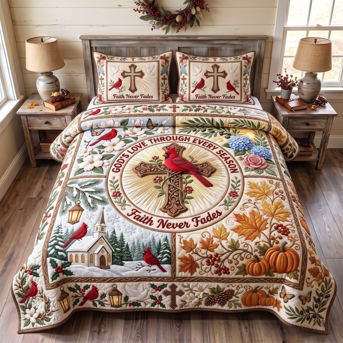 Cardinal Faith 3 Piece Quilted Bedding Set Gift For Bird Lovers