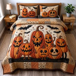 Jack O Lantern 3 Piece Quilted Bedding Set Halloween Gift For Gothic Decor Lovers