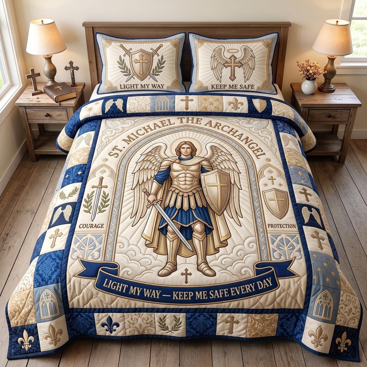 Saint Michael Archangel Christian 3 Piece Quilted Bedding Set Gift For Christians